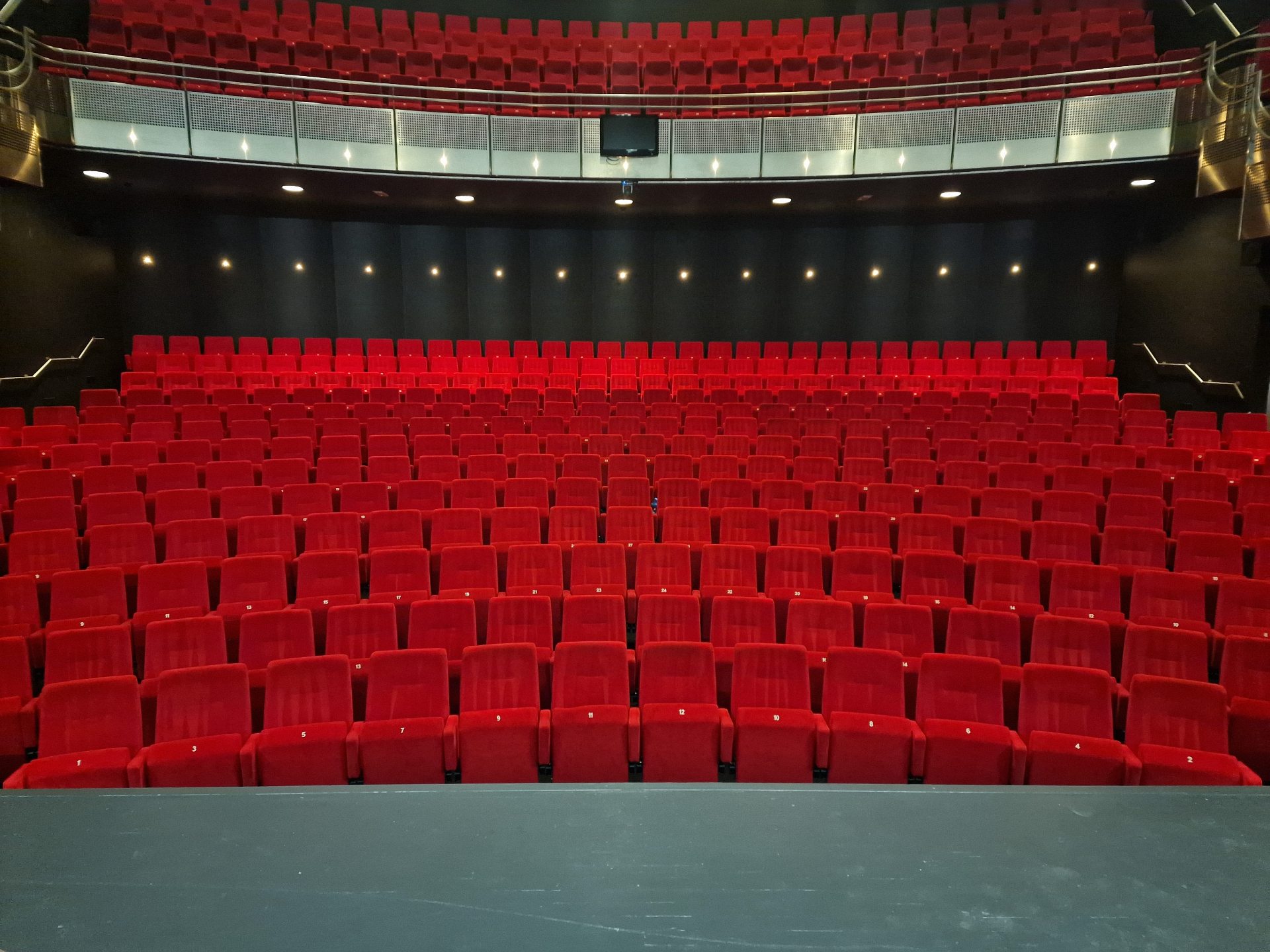 Rijen gestoffeerde bioscoopstoelen en theaterstoelen in een zaal — professioneel reinigen op locatie