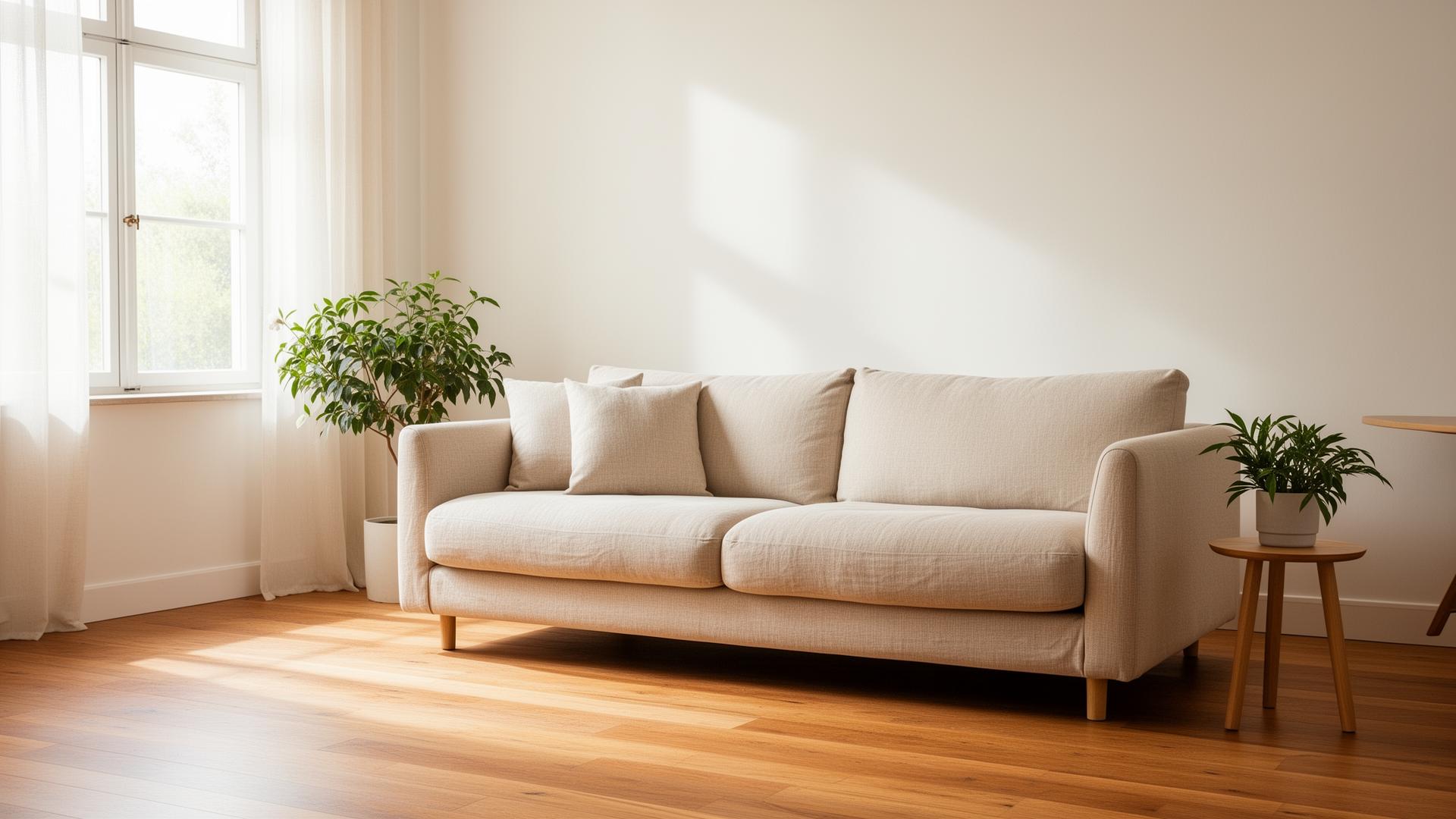 Lichte woonkamer met een gereinigde linnen bank