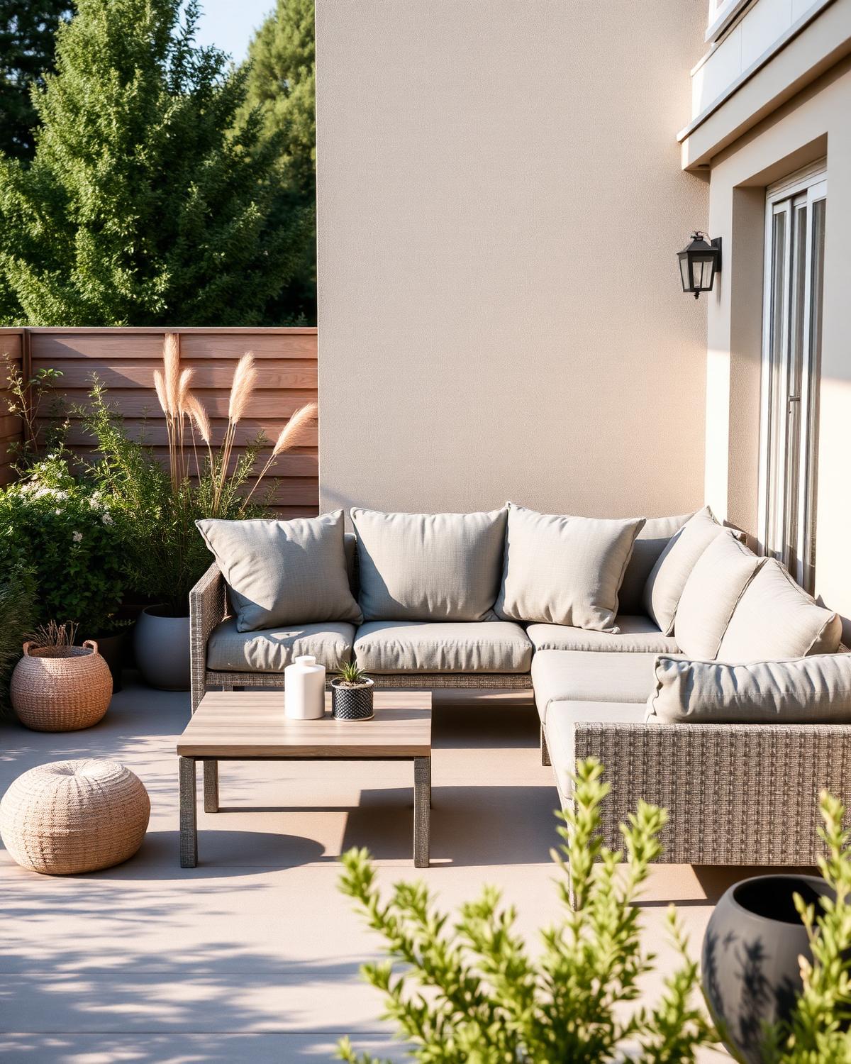 Stoffen loungeset met kussens op een rustig terras
